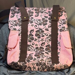 Floral Pink and Brown Canvas Women's Zipper Top Tote Bag